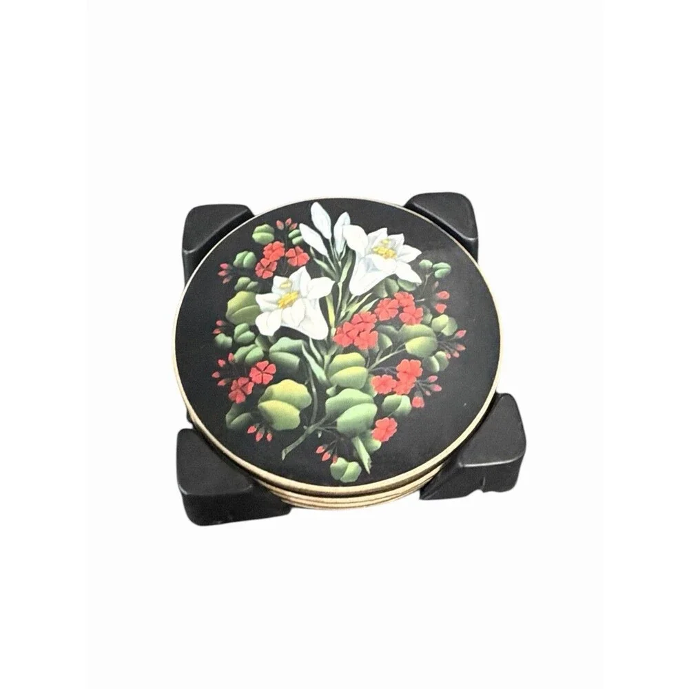 Vtg Toyo Lacquerware 5 Coasters Black Japanese Matching Lidded Storage Box